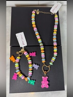 Betsey Johnson Pastel Rainbow Bead Necklace and Bracelet with Gummy Bear Charms